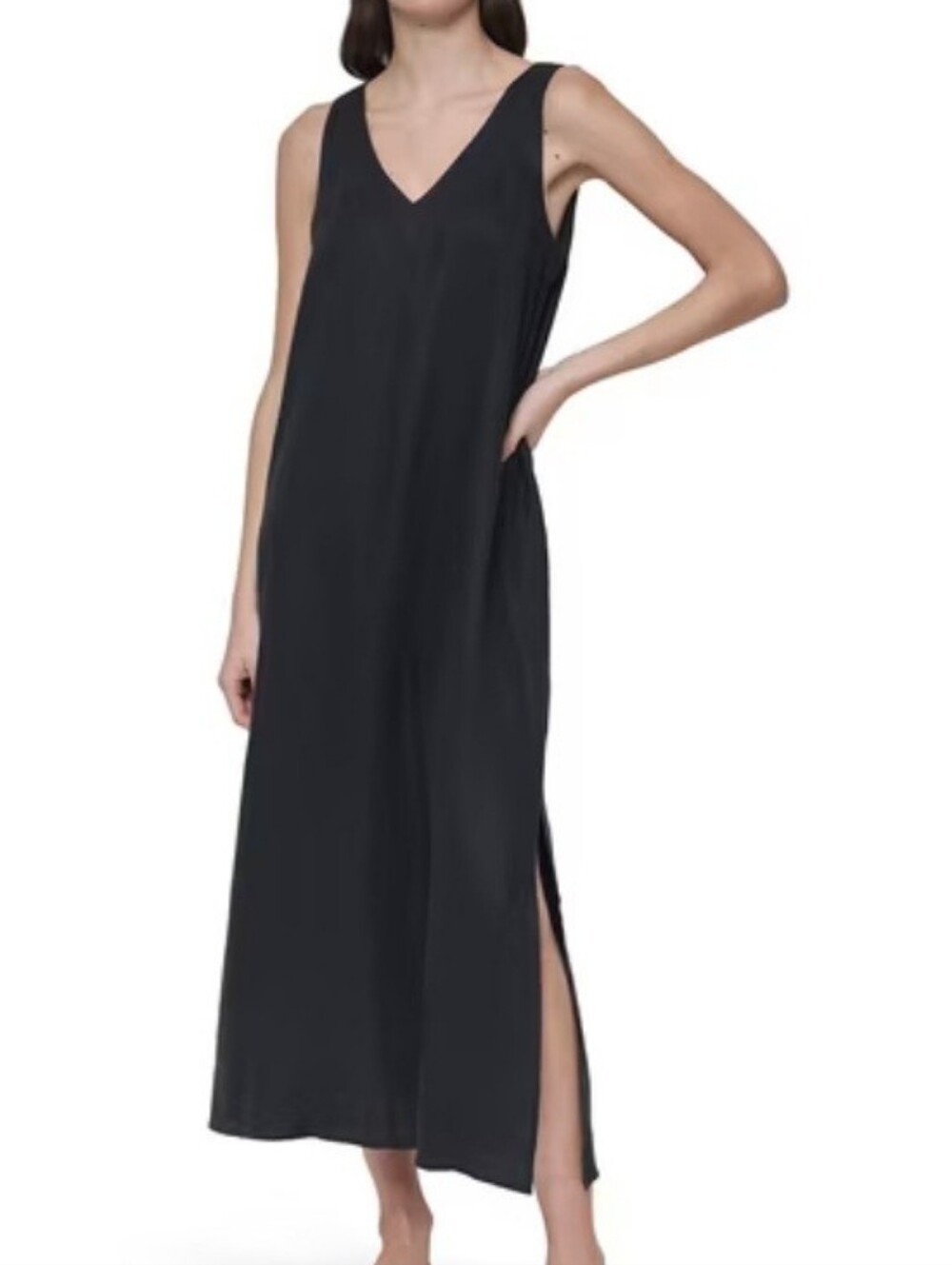 DKNY Sleeveless V-Neck Linen Maxi Dress Black XXL